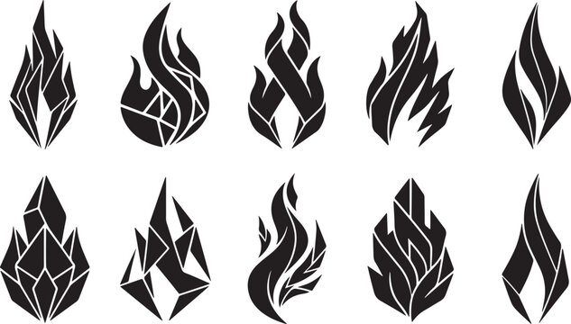 A set flame illustration of various geometric fire designs on a white background