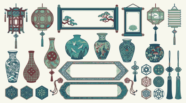Zestaw tradycyjnych chińskich element&oacute;w dekoracyjnych, w tym ozdobne lampiony, ceramiczne wazony, zwoje papieru, frędzle i wzorzyste ramki w stylu orientalnym na jasnym tle.