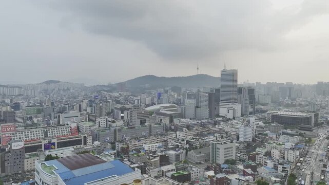 Aerial Drone View of Jongno Cityscape near Dongmyo Station and DDP Dongdaemun Design Plaza in Seoul, South Korea