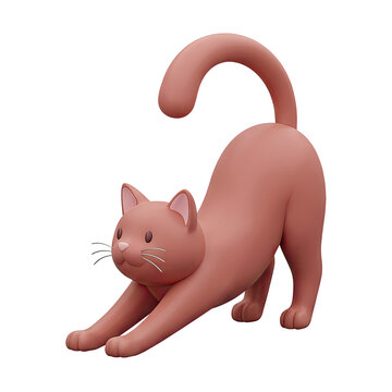 3D cartoon cat stretching on transparent background