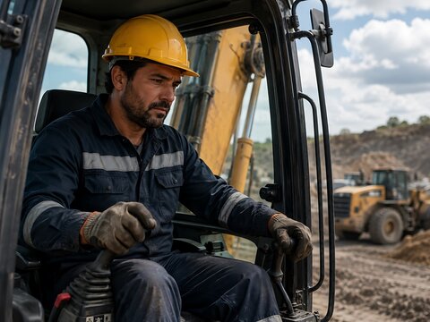 Construction worker operating heavy machinery in a quarry on a sunny day
