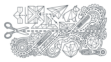 Obraz premium Illustrazione vettoriale in stile lineare con forbici, taglierino, aereo di carta e forme geometriche astratte, ideale per progetti di design creativo, artigianato e fai da te.