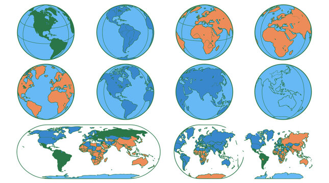 Set di icone vettoriali raffiguranti globi terrestri e mappe del mondo con diverse prospettive geografiche, continenti colorati e linee di latitudine e longitudine su sfondo bianco isolato.