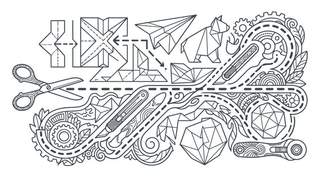 Illustrazione vettoriale in stile lineare con forbici, taglierino, aereo di carta e forme geometriche astratte, ideale per progetti di design creativo, artigianato e fai da te.