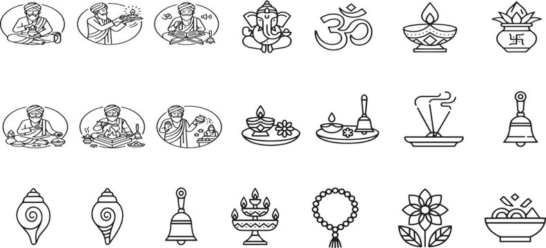 Hindu Brahmin Priest Performing Holy Fire and Aarti Ritual, Traditional Line Art Vector