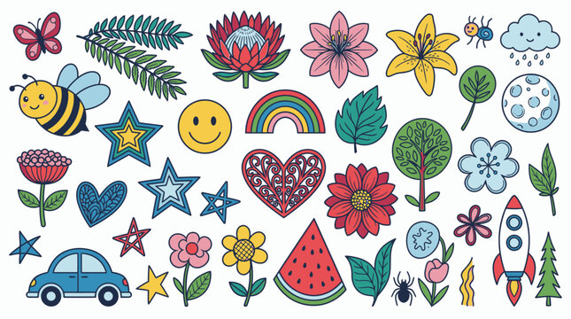 Set di icone disegnate a mano con fiori colorati, animali, elementi naturali, simboli astratti e oggetti quotidiani in stile doodle su sfondo bianco per progetti creativi