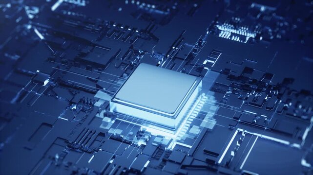High tech CPU chip animation, technology chip connection circuit, glow blue microchip sits at the center of a detailed circuit board, with bright electronic pathways and components visible around it.