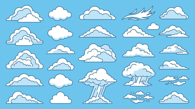 Zestaw r&oacute;żnorodnych ilustracji chmur w stylu kresk&oacute;wkowym na jasnoniebieskim tle, idealny do projekt&oacute;w graficznych, dekoracji oraz kreatywnych kompozycji nieba.