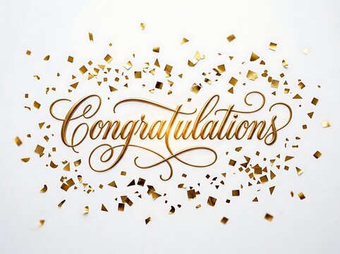 Elegant golden congratulations text with sparkling confetti pieces on a clean design