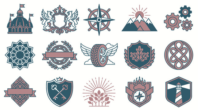 Zestaw piętnastu r&oacute;żnorodnych emblemat&oacute;w i odznak w stylu vintage z ikonami takimi jak latarnia morska, g&oacute;ry, koła zębate, tarcze herbowe oraz kompas na białym tle.