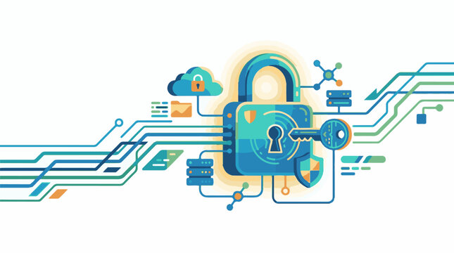 Digital security concept with a padlock key cloud and data lines
