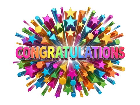 Bright colorful congratulations text with starburst and geometric shapes explosion effect design