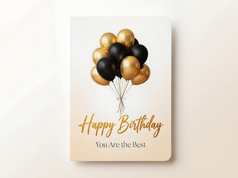 Elegant black and gold birthday card with balloons and heartfelt message in cursive font