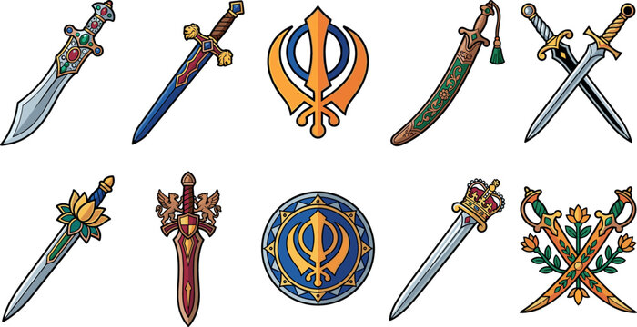 Sikh Religion and Cultural Weapon Icon Set Featuring Khanda Symbols Kirpan Swords Talwar Daggers and Royal Shields for Spiritual Graphic Designs