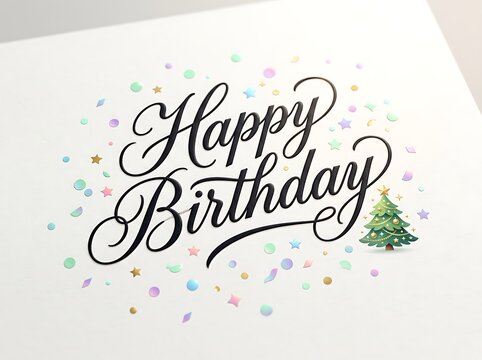 Beautiful happy birthday greeting card with elegant calligraphy and festive decorations and confetti