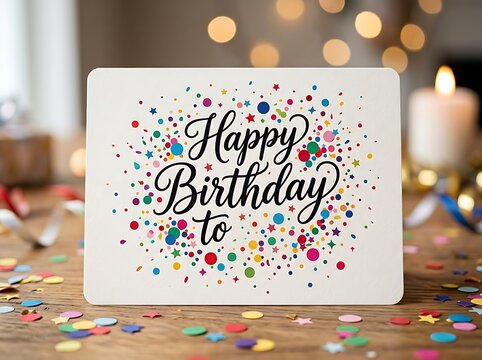 Colorful happy birthday card with confetti on wooden table for celebration party scene