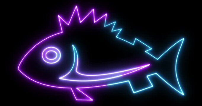 Neon Fish Icon Animation Glowing Aquatic Seafood Symbol on Black Background Loop 4k.