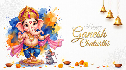 Fototapeta premium Cute Baby Lord Ganesha with Mouse and Watercolor Splash for Happy Ganesh Chaturthi Greeting Banner Design
