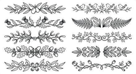 Vintage floral dividers and botanical borders set, hand drawn decorative foliage elements, black line art ornaments for wedding invitations and stationery © Graphic Seller