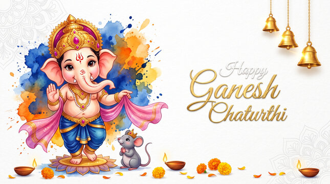 Cute Baby Lord Ganesha with Mouse and Watercolor Splash for Happy Ganesh Chaturthi Greeting Banner Design