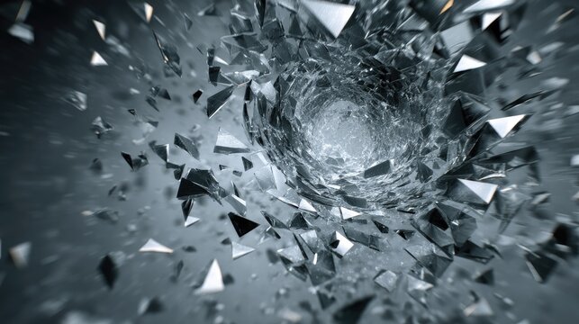A dramatic, high-speed shot captures a shattering glass sphere, exploding into countless sharp shards.