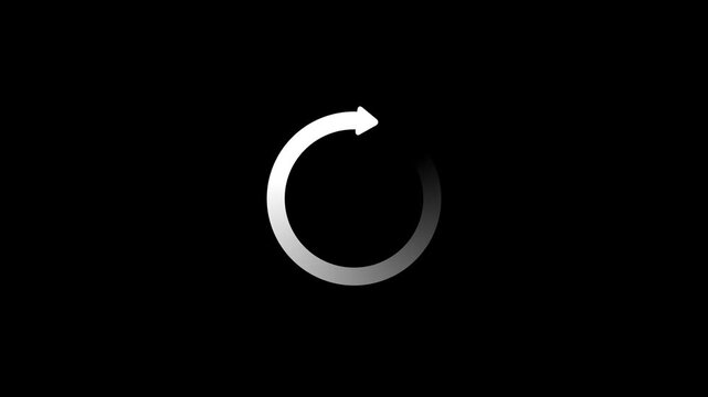 White Circular loading bar animation with arrow pointer, buffering icon clip on black background