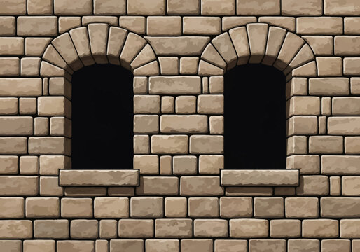 Detailed vector illustration of a textured tan stone masonry wall featuring two arched window openings with stone sills, showing realistic brickwork and aged mortar joints.