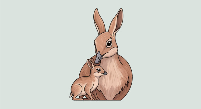 Vector illustration of a brown Patagonian mara and its young pup, featuring clean line art, stylized anatomical features, and long ears, isolated on a light pastel green background.