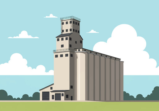 Flat vector illustration of a tall concrete grain elevator and storage silos, industrial agricultural architecture for grain processing, blue sky with stylized clouds background.