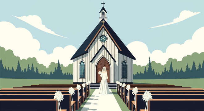 Vector illustration of a bride in a white gown at a rustic chapel entrance with outdoor wooden pews, floral decor, aisle runner, forest background, and soft blue sky scenery.