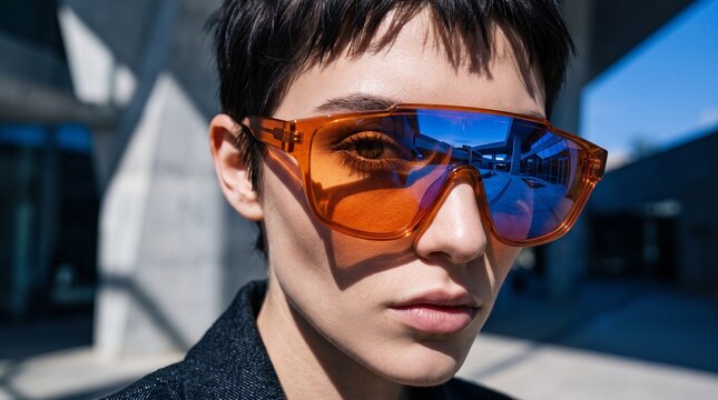 Person Wearing Bold Orange and Blue Tinted Sunglasses Outdoors