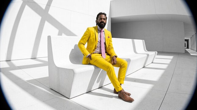 Confident Businessman in Bold Yellow Suit in Modern Space