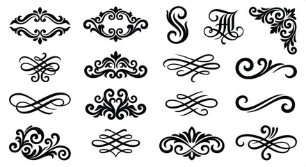 Vintage ornamental dividers and flourishes set, elegant black filigree scrollwork collection, 16 decorative vector elements for wedding invitations © Graphic Seller
