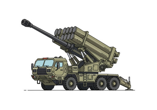 Vector illustration of a mobile multiple launch rocket system and long-range artillery cannon mounted on a heavy-duty 8x8 military truck chassis with hydraulic stabilizers.