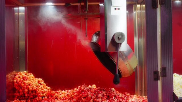Sweet popcorn pouring from kettle into commercial popcorn machine display case. Delicious caramel-coated snack prepared for movie lovers. Concept of cinema concession, entertainment
