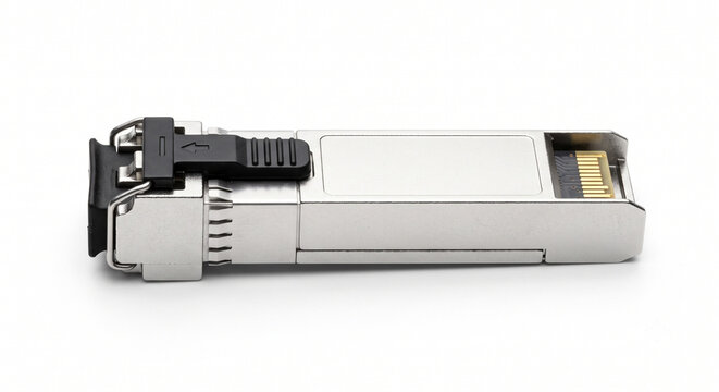 Macro of a single bare SFP optical transceiver module with a silver housing and black latch on a pure white background.