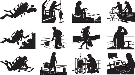 Marine biologist and scuba diver silhouettes vector set for ocean research and underwater exploration © Smith