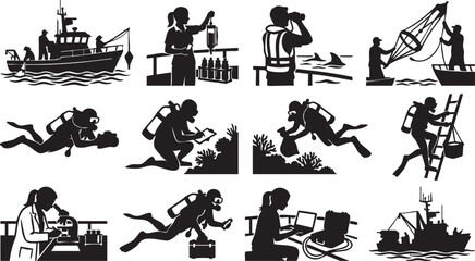 Marine biology research and oceanography silhouettes vector set featuring scientists boats and scuba divers © Smith