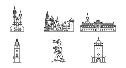 Fototapeta premium Line art Vector Illustration Of European Landmarks And A Dragon