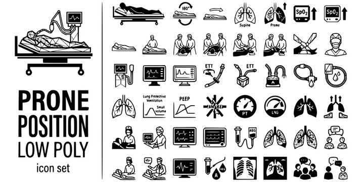 Prone Position Ventilation Low Poly Black White-Patient Turn Circuit Protocol-ARDS Vector-Prone Icon Low Poly-ICU Pulmonary Design Set