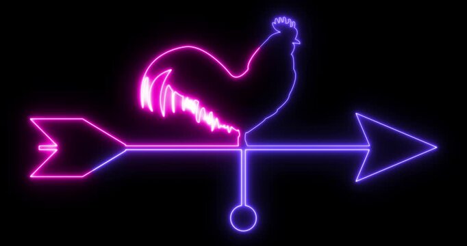Neon Rooster Weather Vane Animation Glowing Wind Direction Symbol on Black Background Loop 4k.