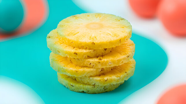 Stack of Fresh Yellow Pineapple Slices on Vibrant Abstract Background