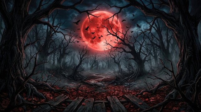 Spooky halloween night with blood moon and dark forest landscape