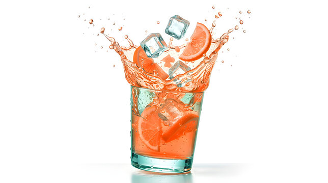 Splashing Orange Summer Cocktail with Ice Cubes Isolated on White Background