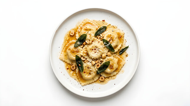 Gourmet Ravioli Pasta with Sage Brown Butter and Hazelnuts Isolated on White