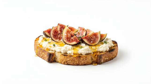 Gourmet Fig and Ricotta Toast with Honey and Thyme Isolated on White