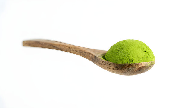Wooden Spoon Full of Green Matcha Tea Powder Isolated on White Background