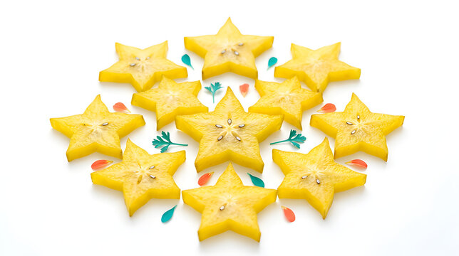 Sliced Starfruit Carambola Arranged in a Circular Pattern Isolated on White