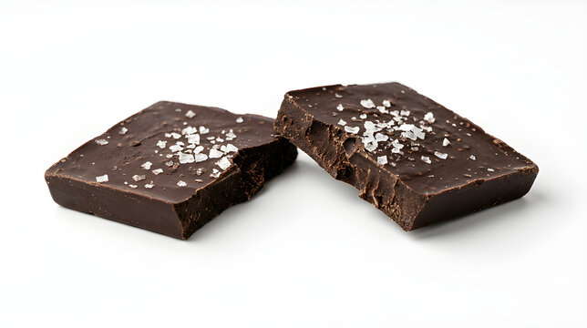 Pieces of Dark Chocolate with Coarse Sea Salt Isolated on White Background