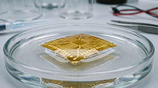 Dispositivo biom&eacute;dico flexible de oro flotando en suero de laboratorio